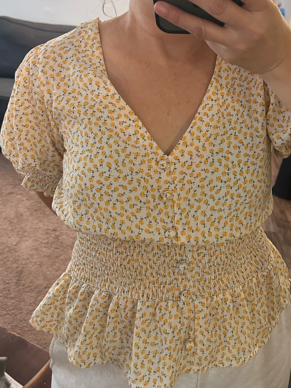 Women's Yellow Floral V-Neck Smocked Peplum Top